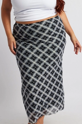 Black Check Plaid Mesh Bodycon Midi Skirt Effortless Feel Laid Back Look