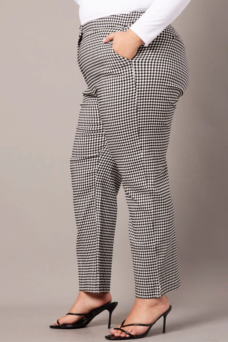 Black Check Slim Pants High Rise StretchFabric