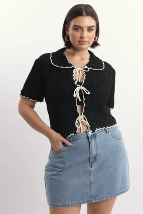 Black Collar Knit Cardigan Short Sleeve Tie up Durable Corrosion Resistant Zippers anti static coating