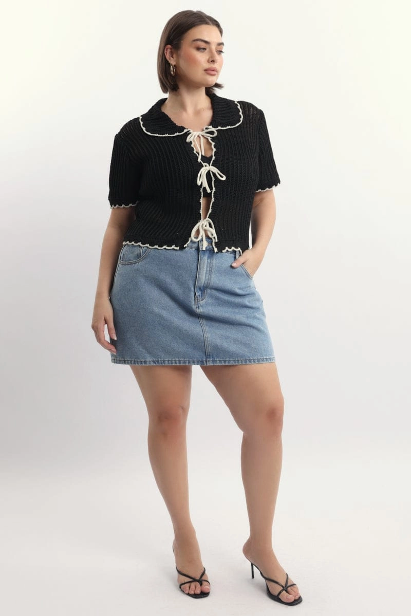Black Collar Knit Cardigan Short Sleeve Tie up Waterproof Stitch Details