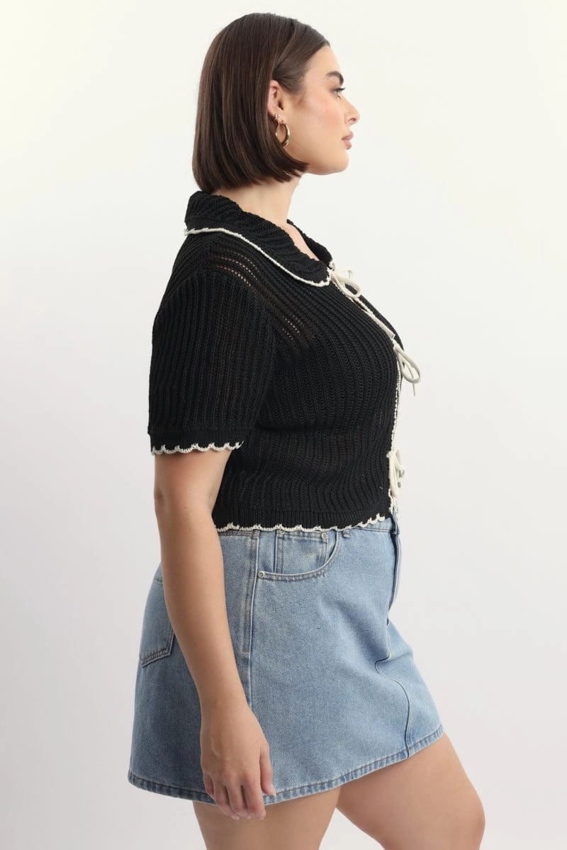 Single Buttons Black Collar Knit Cardigan Short Sleeve Tie up