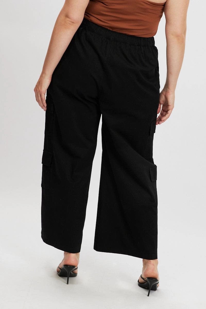 Black Cotton Blend Elastic Waist Wide Leg Cargo Pants Office Wear