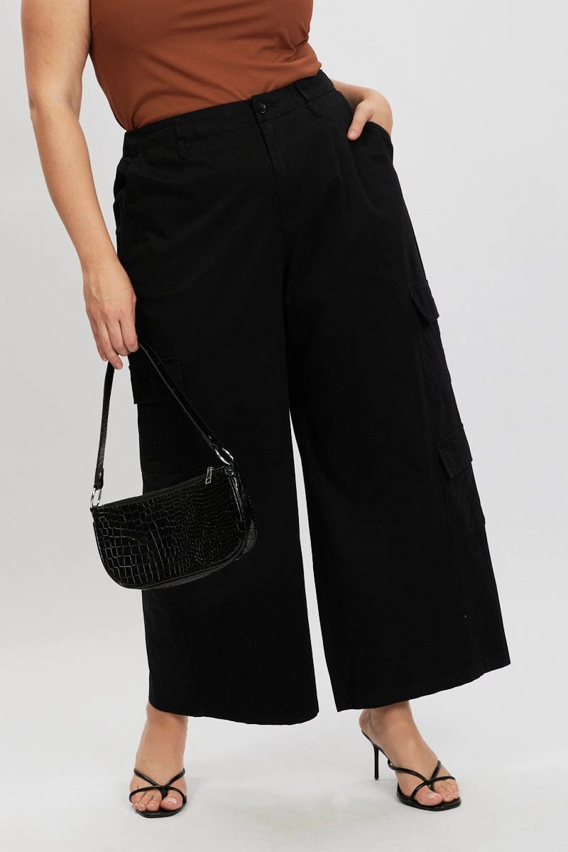 Black Cotton Blend Elastic Waist Wide Leg Cargo Pants Sport Layer