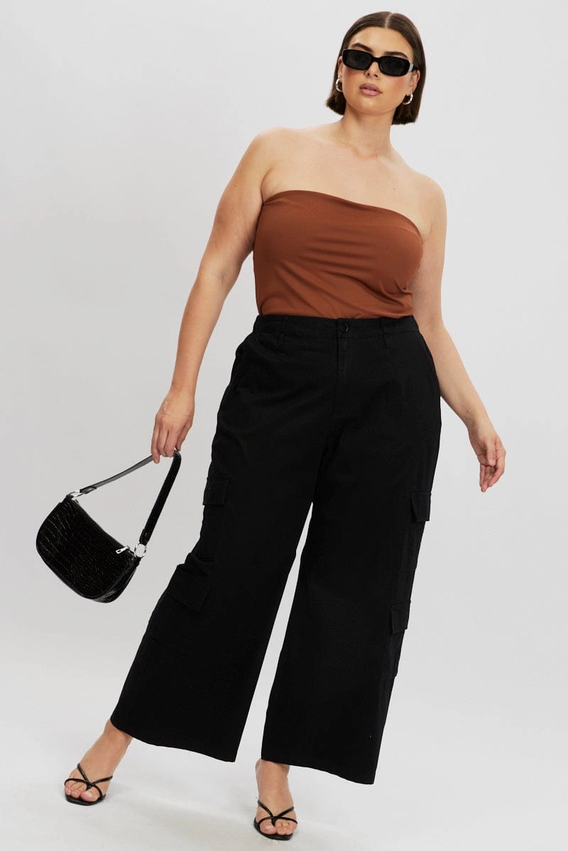 Black Cotton Blend Elastic Waist Wide Leg Cargo Pants Contoured Panel Design Perfect Movement