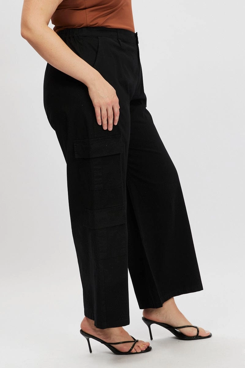 Black Cotton Blend Elastic Waist Wide Leg Cargo Pants Versatile Layer LowProfileWaistband