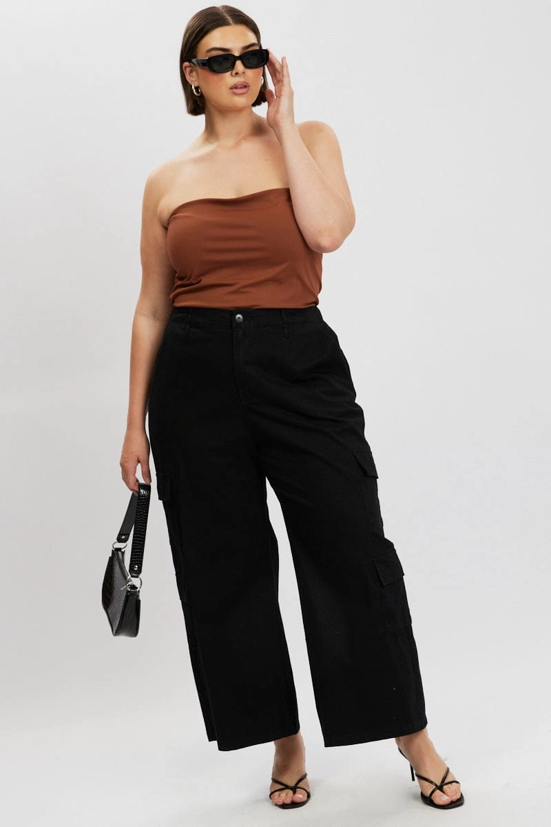 Black Cotton Blend Elastic Waist Wide Leg Cargo Pants Adjustable drawstring RecycledMaterial