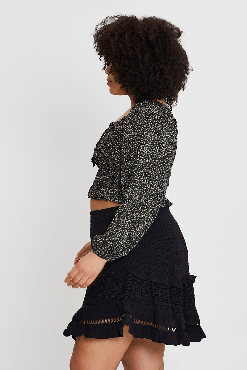Black Cotton Blend Frill Hem Skater Skirt Tropical theme Smart Casual