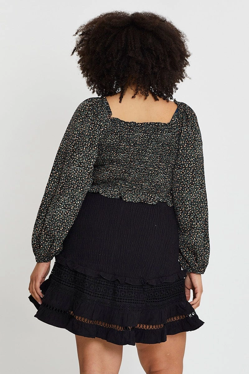 Style Staple Polished Cut Black Cotton Blend Frill Hem Skater Skirt