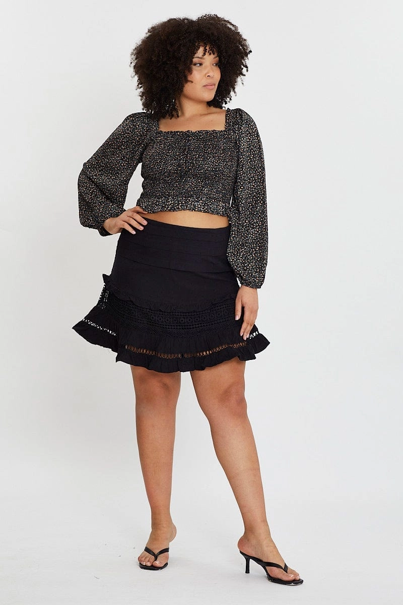 Shape Enhancing Resale Value Black Cotton Blend Frill Hem Skater Skirt