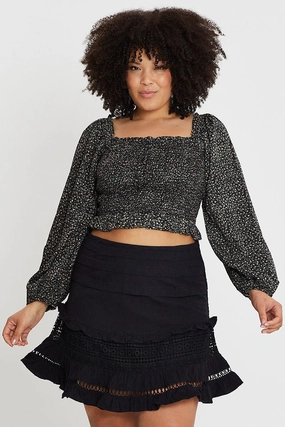 Refined Sophistication Ventilated Slits Black Cotton Blend Frill Hem Skater Skirt