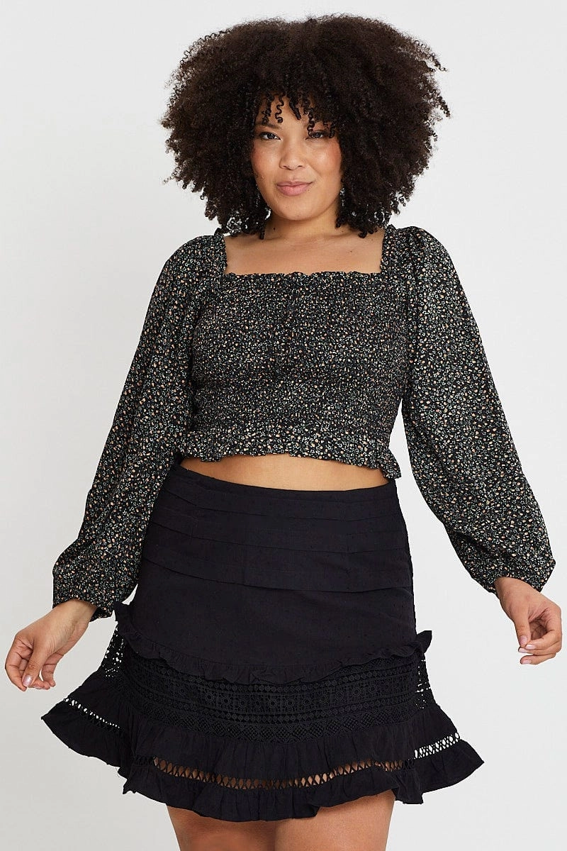 Refined Sophistication Ventilated Slits Black Cotton Blend Frill Hem Skater Skirt