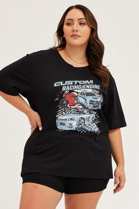 Black Crew Neck Short Sleeve Graphic T-shirt Ruffled edges Weekend Wardrobe