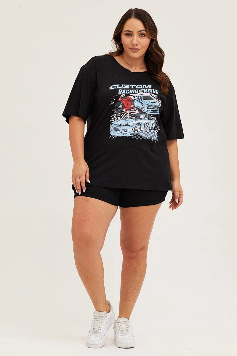 Heathered Texture Anti Static Treatment Black Crew Neck Short Sleeve Graphic T-shirt
