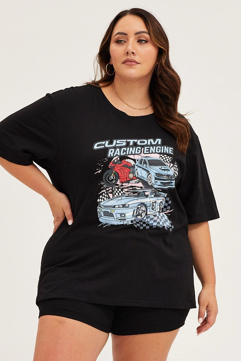 Black Crew Neck Short Sleeve Graphic T-shirt Ruffled edges Weekend Wardrobe