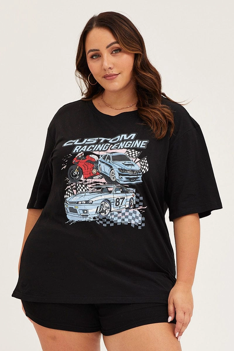 Black Crew Neck Short Sleeve Graphic T-shirt Cozy Stretch Fit