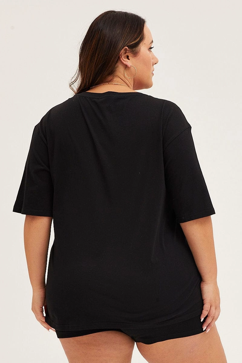 Black Crew Neck Short Sleeve Graphic T-shirt Beach Wear