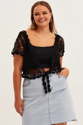 Black Crochet Cardigan Crop Tie Front Modular Attachment Loops