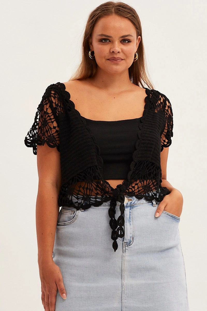 Monochrome Look Black Crochet Cardigan Crop Tie Front