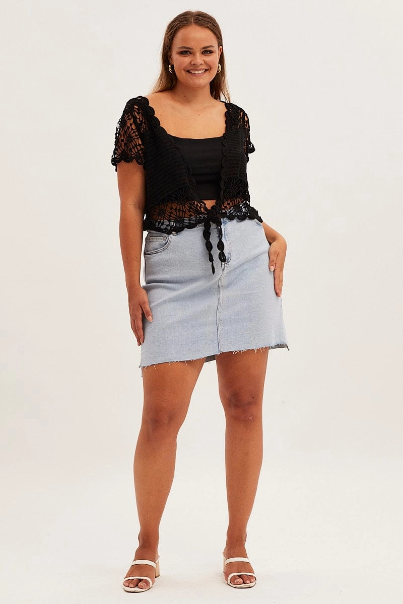 Cold Season Black Crochet Cardigan Crop Tie Front