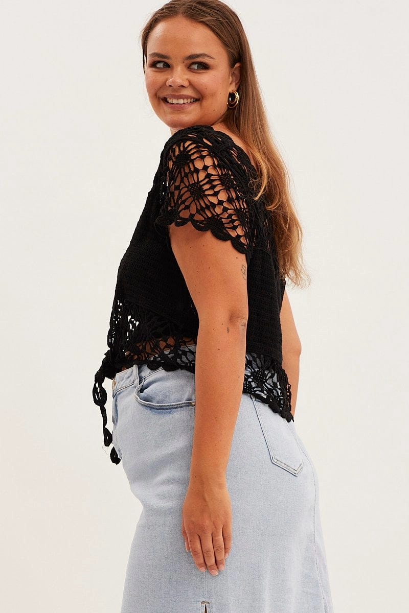 Black Crochet Cardigan Crop Tie Front Ultra Compact Packing Design Heat Resistant Fabric
