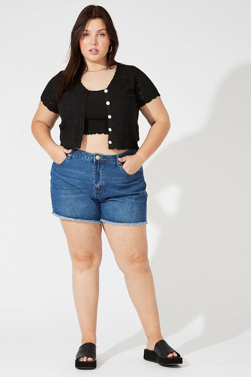 Black Crochet Knit Cardigan Short Sleeve AntiStaticLayer