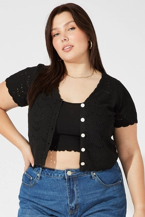 Layered Wind Barrier Black Crochet Knit Cardigan Short Sleeve