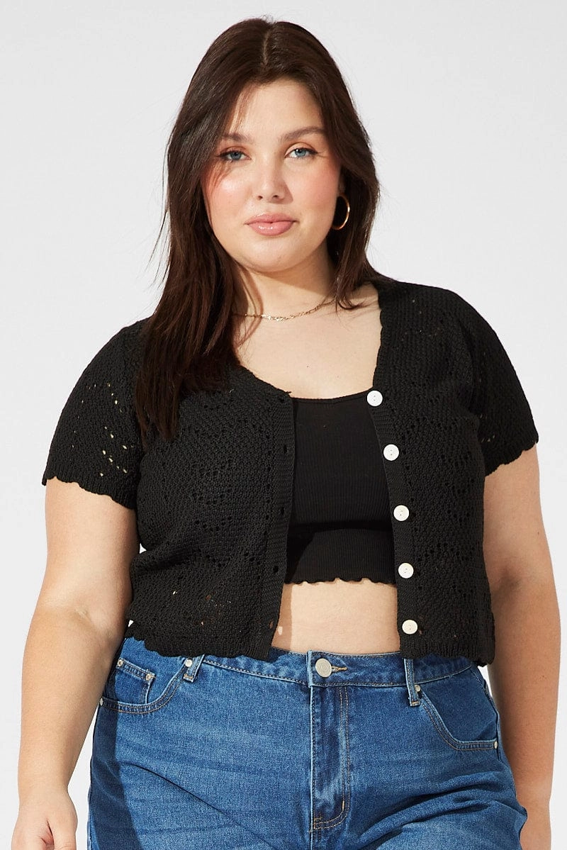 water proof Black Crochet Knit Cardigan Short Sleeve