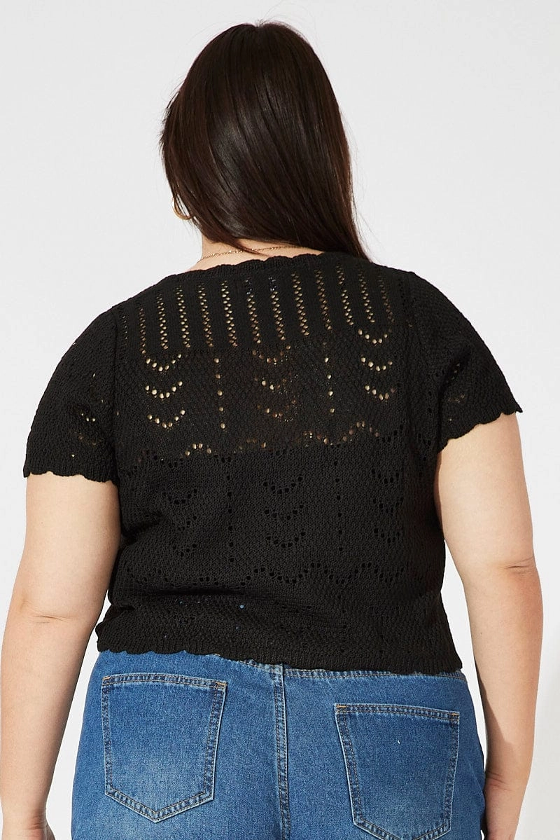 Black Crochet Knit Cardigan Short Sleeve Articulated Elbows