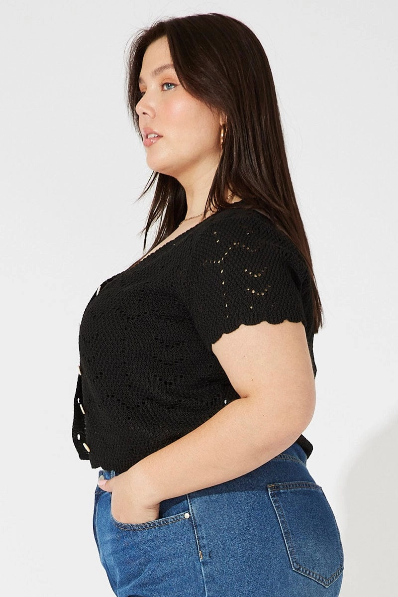 QuickAccessPockets InterchangeablePanels Black Crochet Knit Cardigan Short Sleeve