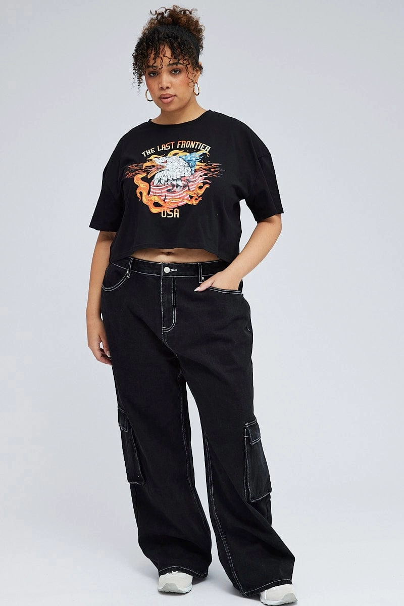 Stylish Everyday Wear Stretch Waist Black Crop Multi Eagle Tee Short Sleeve Jersey