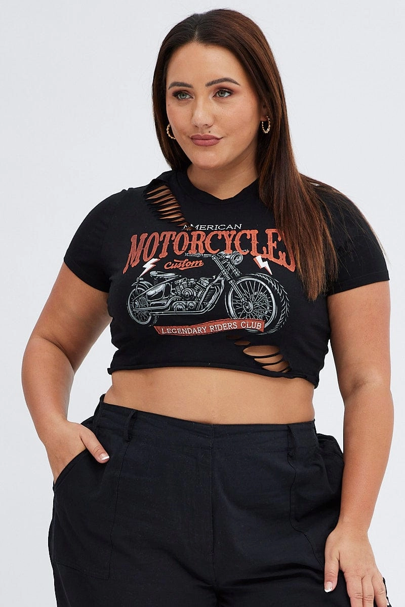 Black Crop T-shirt Moto Distressed Timeless Appeal Relaxed Comfort Look
