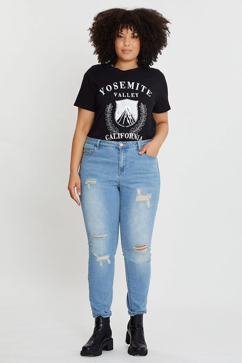Black Crop T-shirt Mountain Short Sleeve Cotton Semi Comfy Fit Layer Outdoor Leisure