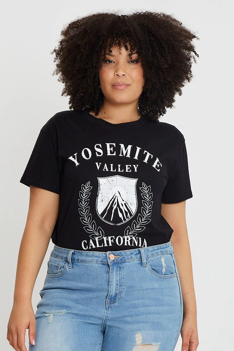 Black Crop T-shirt Mountain Short Sleeve Cotton Semi Casual Layer Durable Color Retention