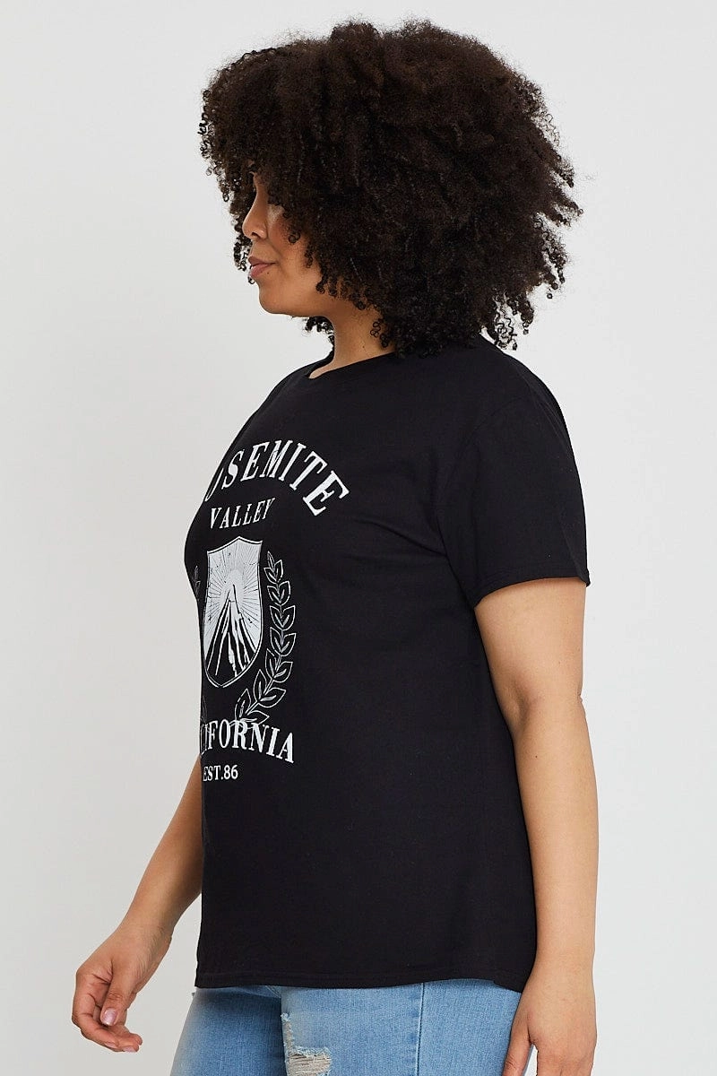 Black Crop T-shirt Mountain Short Sleeve Cotton Semi Comfy Waistband