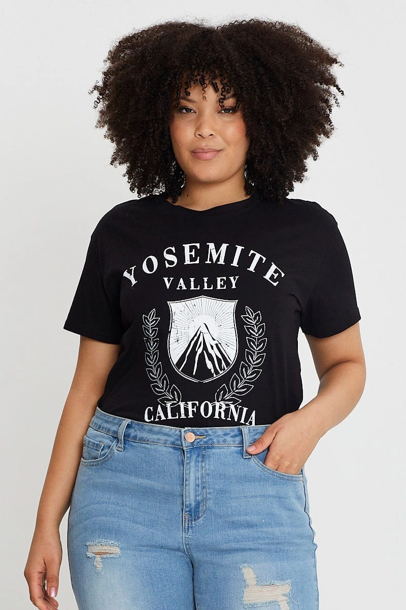 Black Crop T-shirt Mountain Short Sleeve Cotton Semi Comfort and Fit Perfect for Vacation