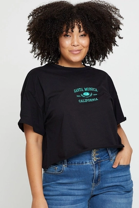 Soft Wearable Sporty Flex Black Crop T-shirt Santa Monica Short Sleeve Cotton Semi