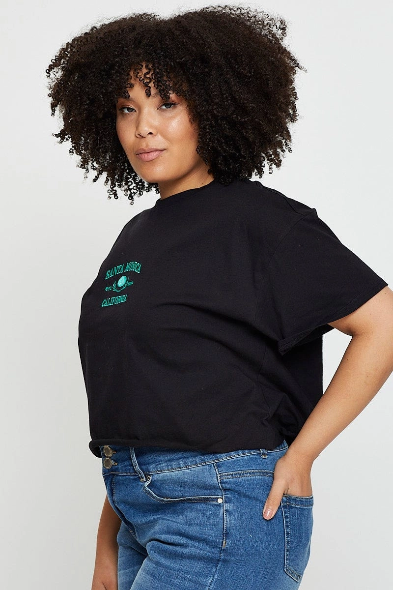 Black Crop T-shirt Santa Monica Short Sleeve Cotton Semi Quick Comfort Design Double Stitched Hem