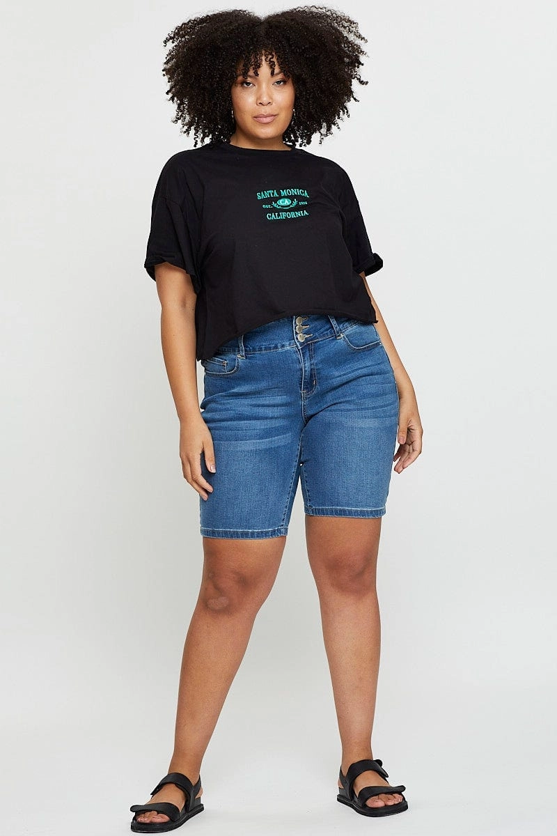 Black Crop T-shirt Santa Monica Short Sleeve Cotton Semi RelaxedFit Comfy Stretch