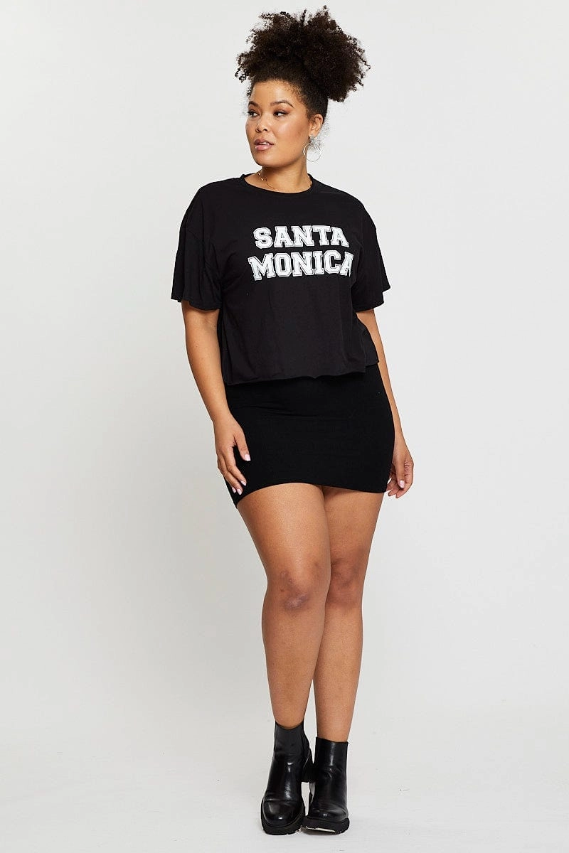 Chic and Soft Seam Free Edging Black Crop T-shirt Santa Monica Short Sleeve Semi