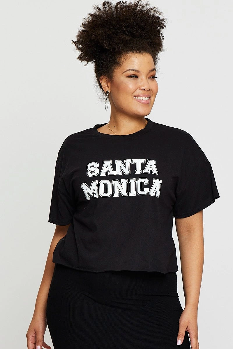 Black Crop T-shirt Santa Monica Short Sleeve Semi Soft Brushed Finish Sustainable Material Blend