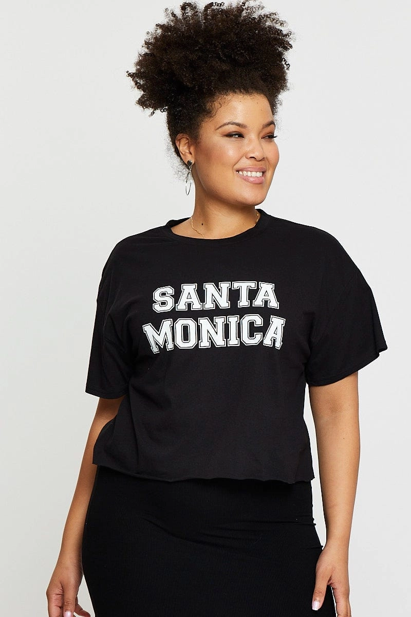 Fun and Playful Black Crop T-shirt Santa Monica Short Sleeve Semi