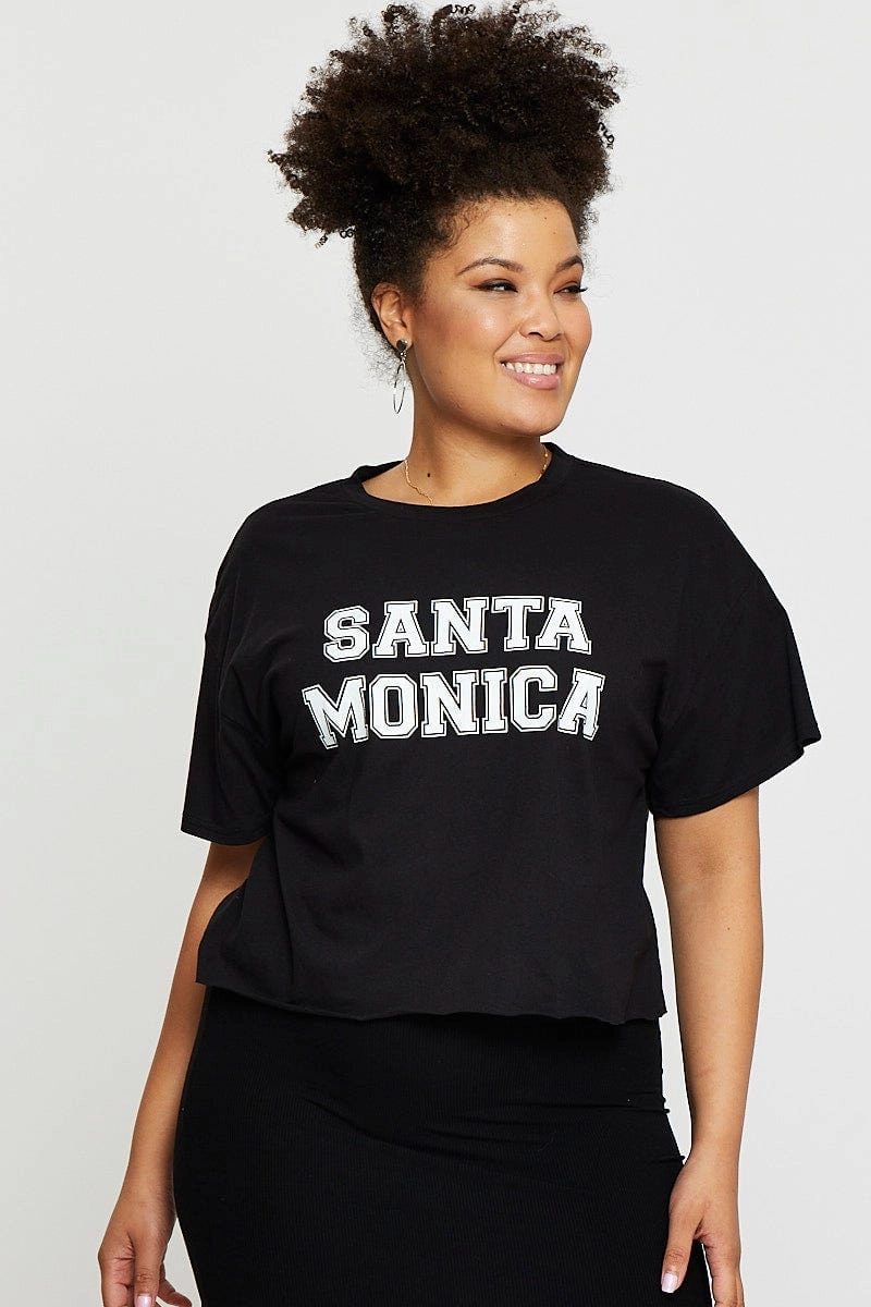 Black Crop T-shirt Santa Monica Short Sleeve Semi Casual Everyday
