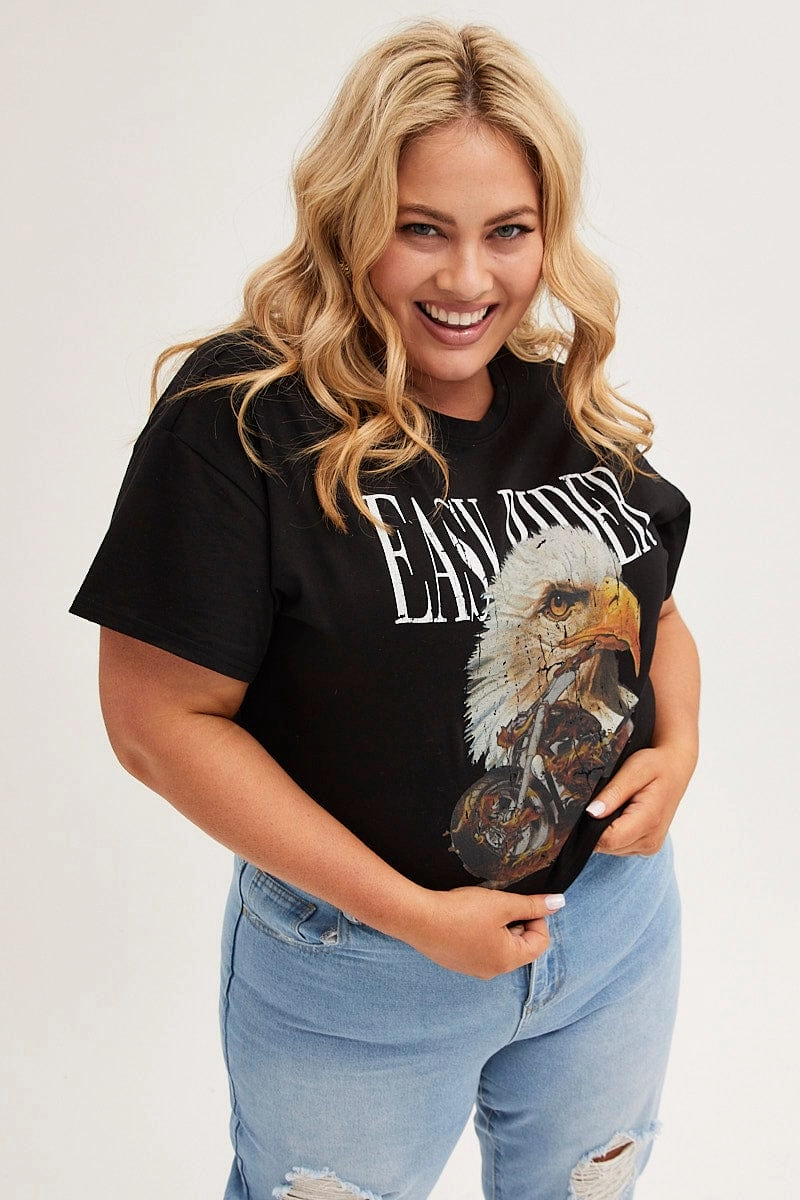 Black Crop T-shirt Short Sleeve Easy Rider Cotton Fashion Must-Have