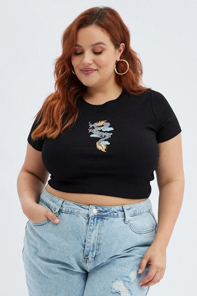 Office Wear Unisex Core Black Crop Top Dragon Print Rib Short Sleeve