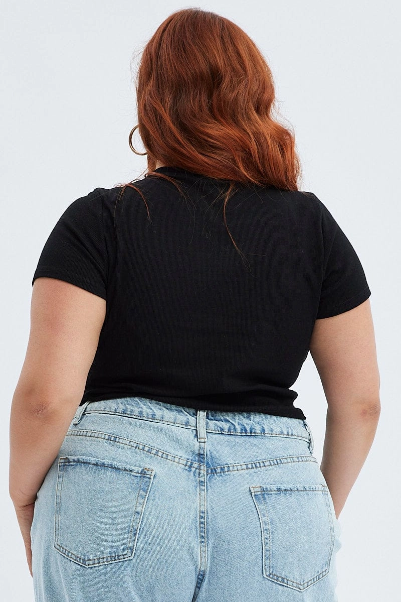 Holiday Style Fresh Style Black Crop Top Dragon Print Rib Short Sleeve