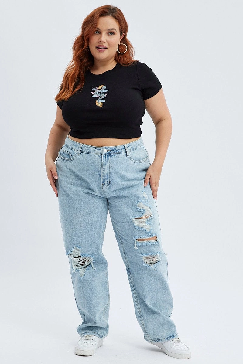 Comfortable And Trendy Ribbed Neckline Black Crop Top Dragon Print Rib Short Sleeve