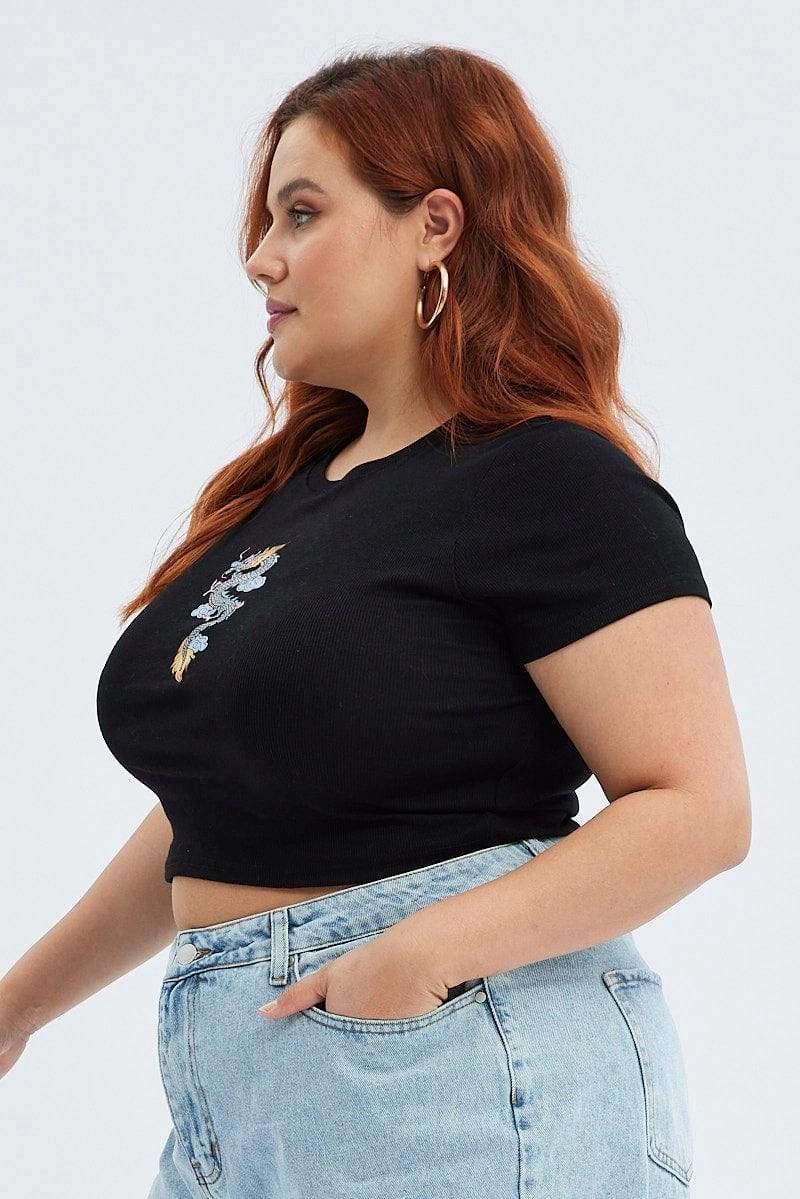 Black Crop Top Dragon Print Rib Short Sleeve Breathable Mesh Panels