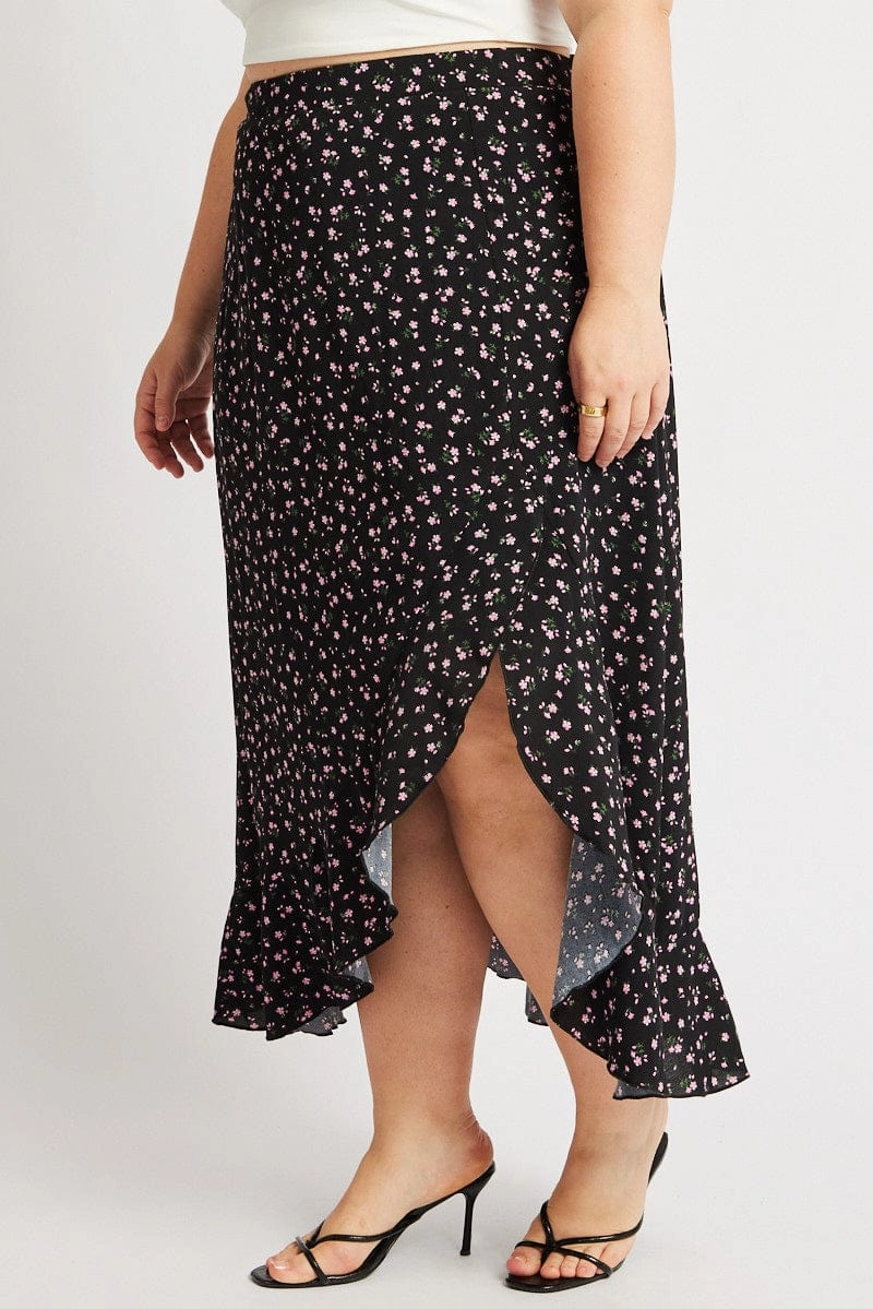 Black Ditsy Frill Maxi Skirt Luxury Finish