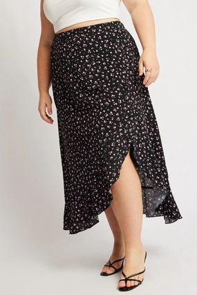 Black Ditsy Frill Maxi Skirt Opaque finish Shape Enhancing