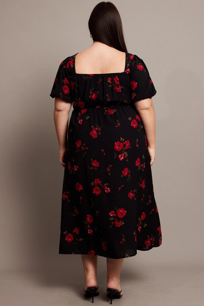 Black Ditsy Midi Dress Short Sleeve Ruched Bust Smart Fit Wear Minimalist Style